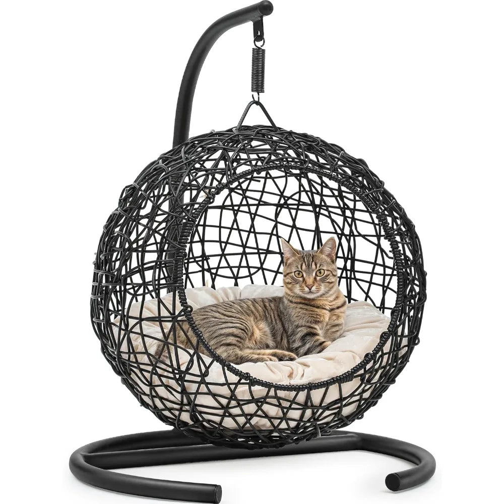Rattan Wicker Appearance Swinging Cat Bed with Stand & Cushion for Small Animals.