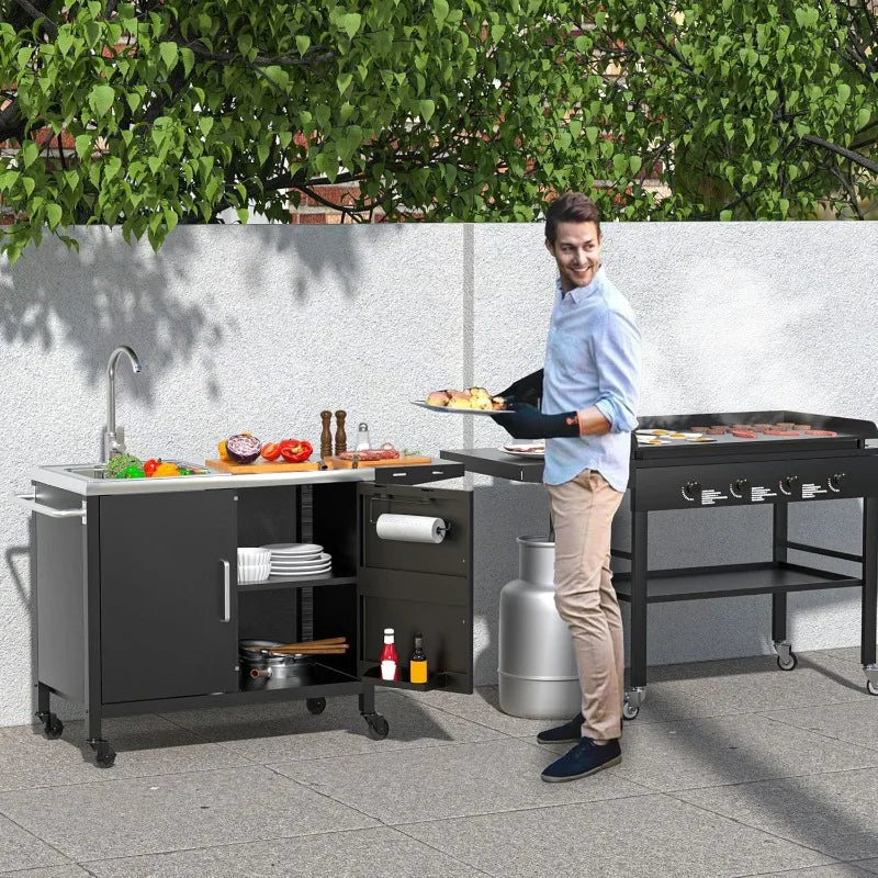 Outdoor L57*W21.65 Metal Grill Table with Stainless Steel Sink