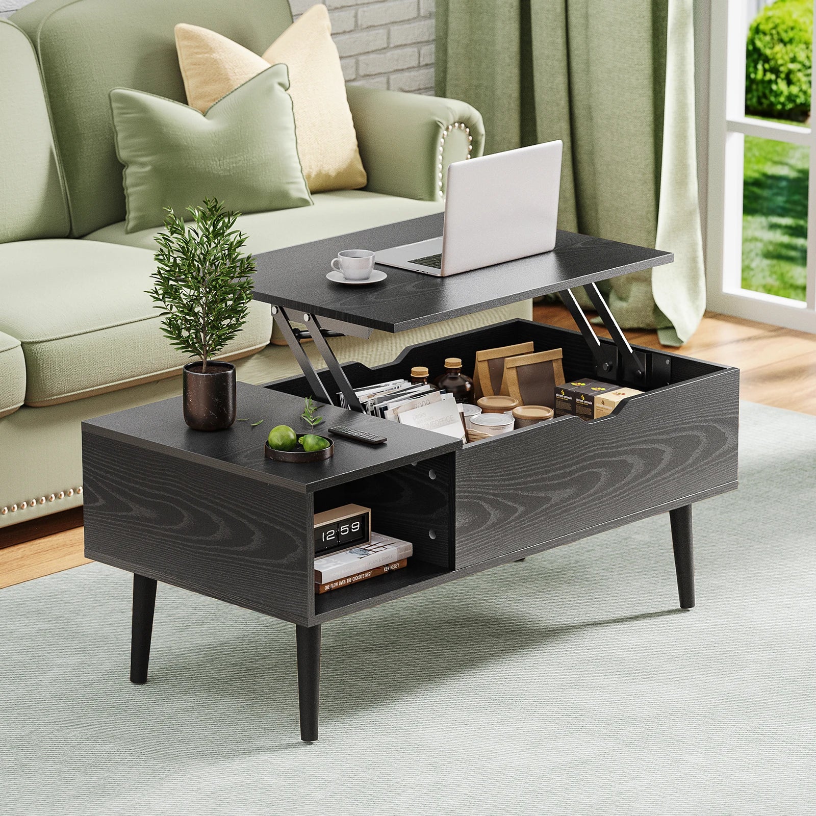 Coffee Table With Lift Top and Adjustable Storage Shelf, Measures 39.37"x19.7"