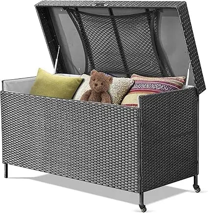 240 Gallon Wicker All-Weather Deck Box with 2 Universal Wheels & Hinged Opening
