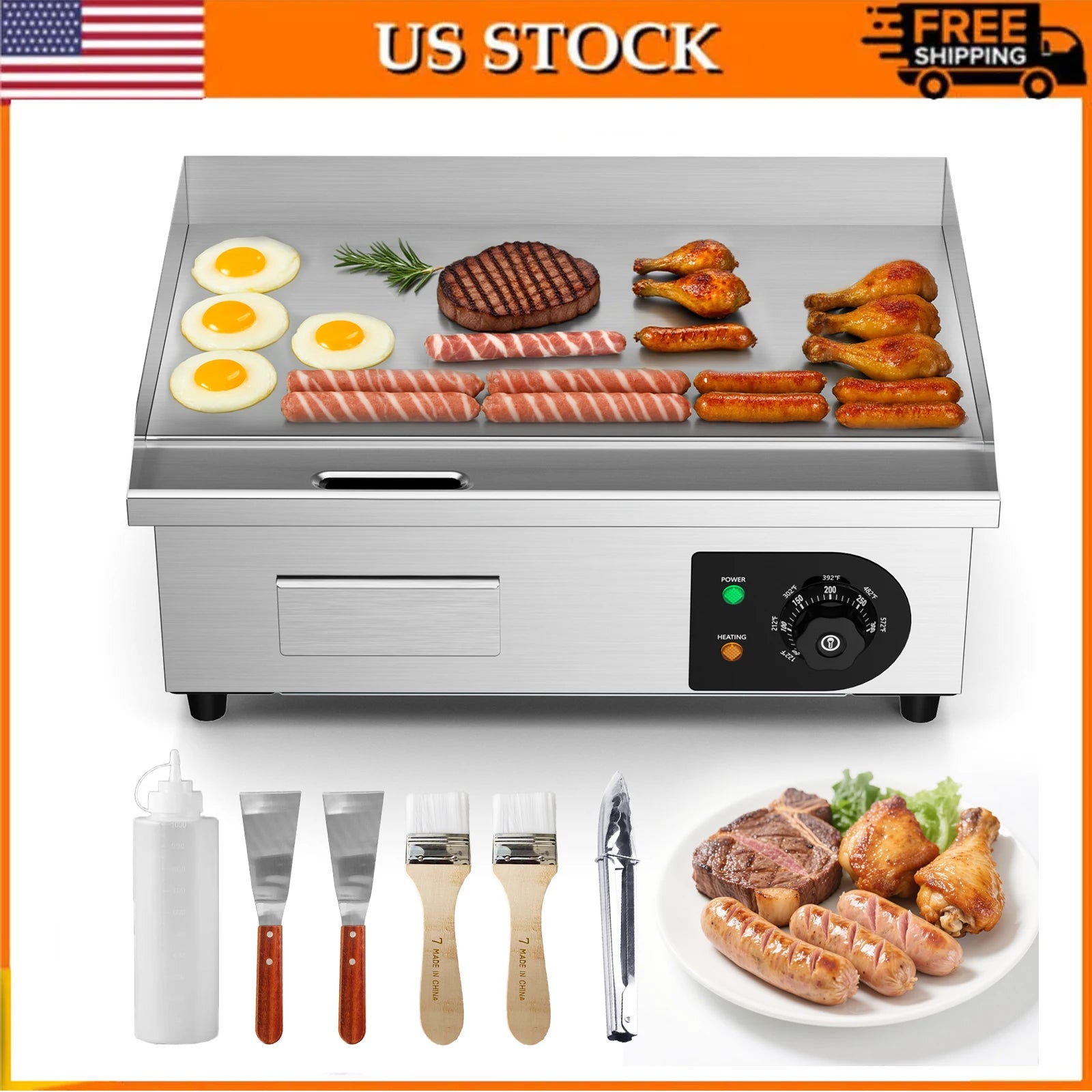 22" Electric Countertop Stainless Steel Flat Top Griddle with Temp Control