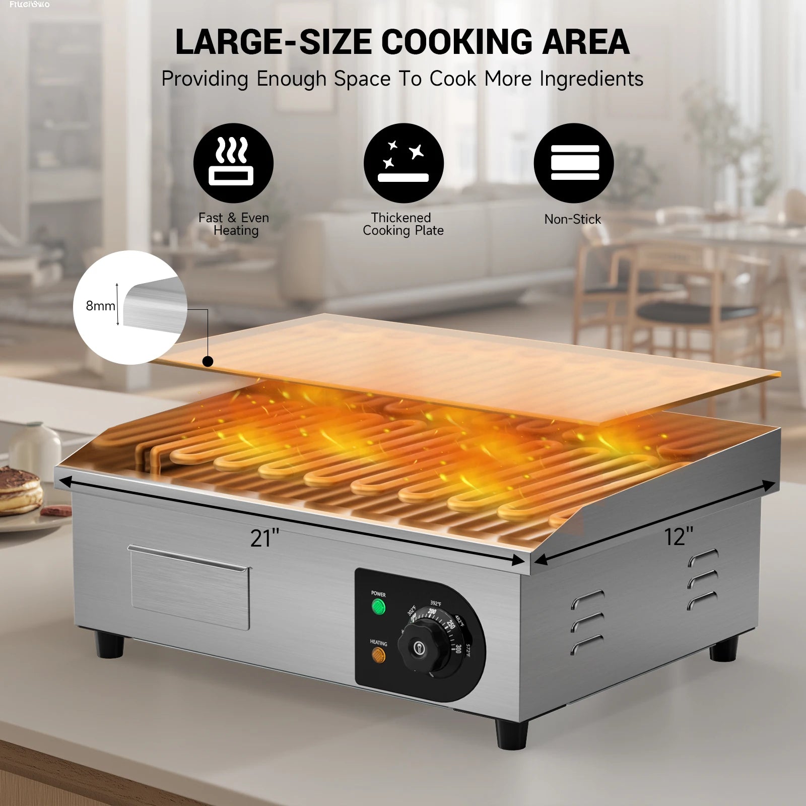 22" Electric Countertop Stainless Steel Flat Top Griddle with Temp Control