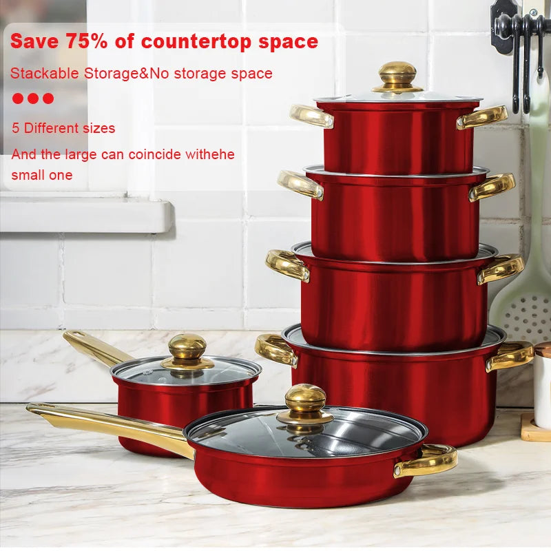 12-Piece Stackable Non-Stick Cookware Set with Glass Lids.