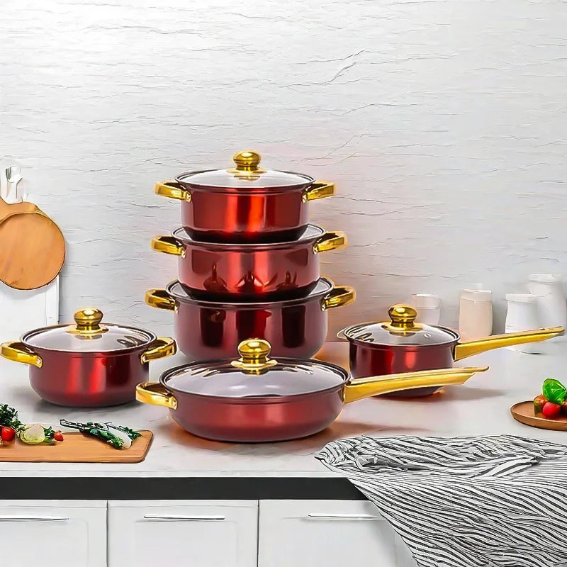 12-Piece Stackable Non-Stick Cookware Set with Glass Lids.