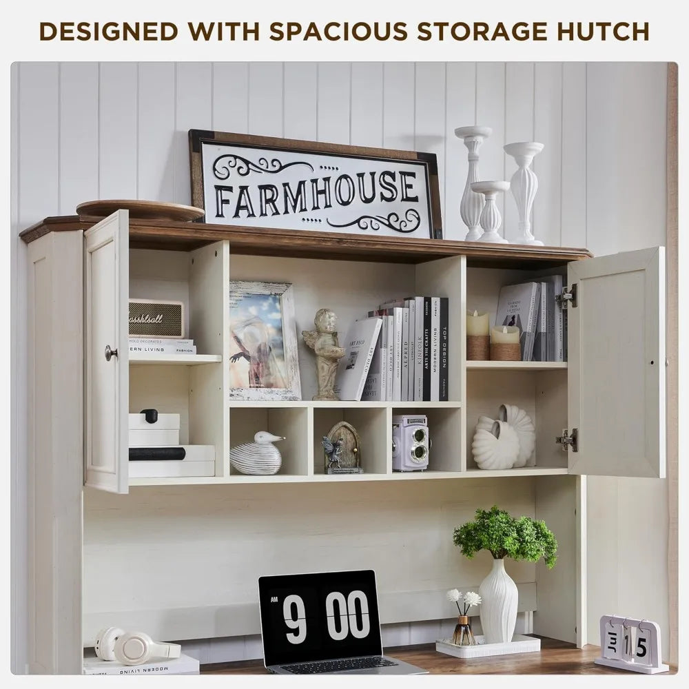 59" Farmhouse Executive Desk with Hutch,Wood Home Office Computer Desk, Featuring Keyboard Tray,Charging Station,File Drawer, S