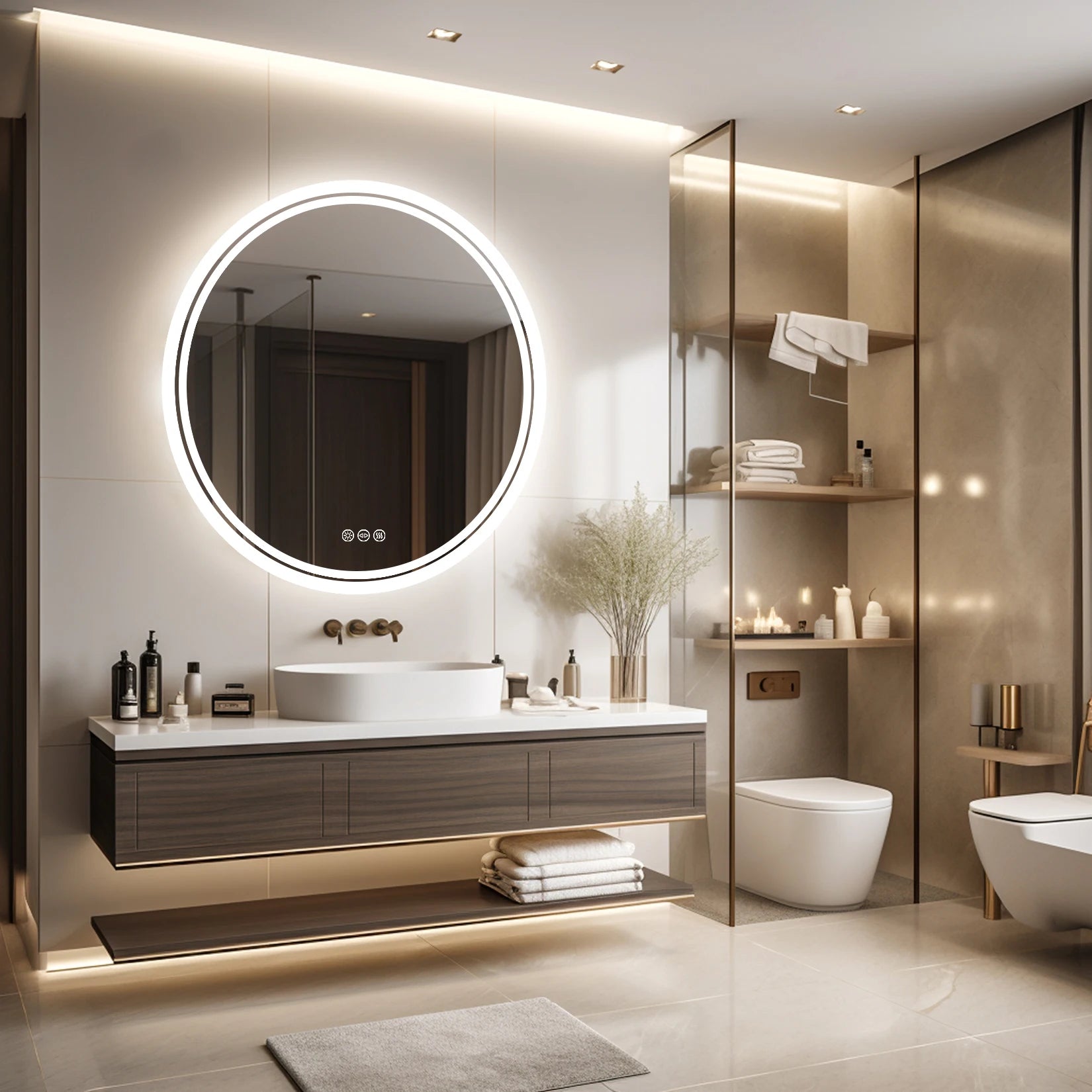Wall Mounted Round LED Lit Bathroom Mirror with 3 Different Color Lights