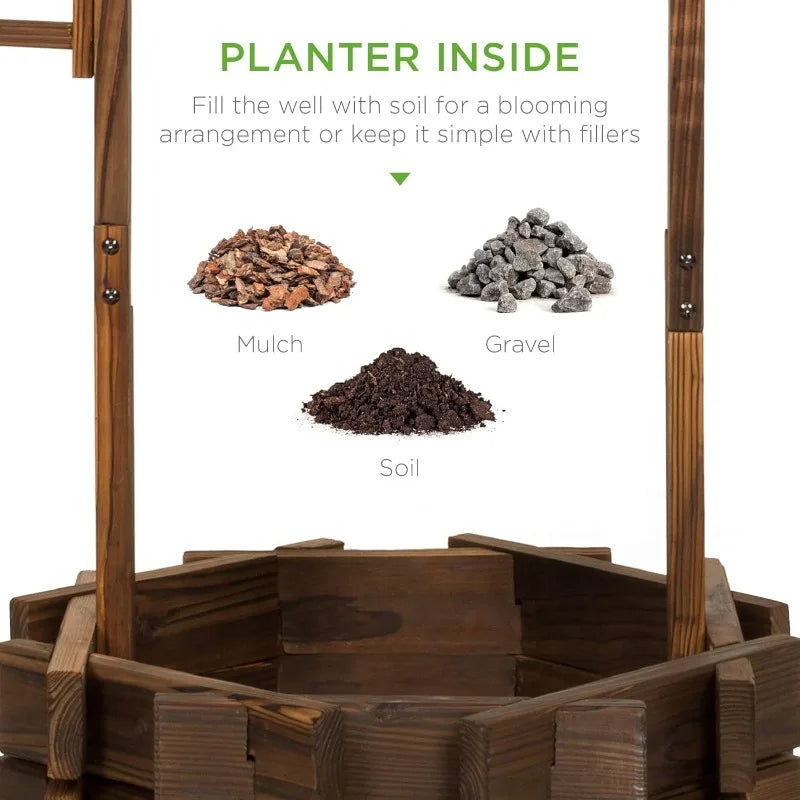 Rustic Wooden Outdoor Wishing Well Planter w/Hanging Bucket