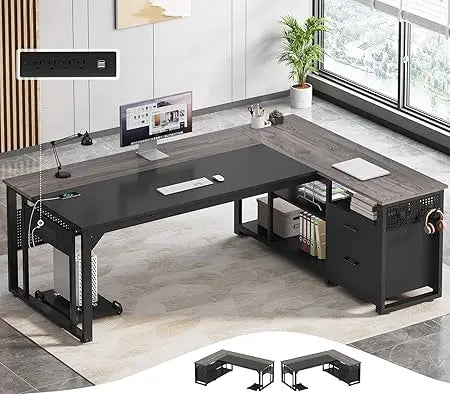 Large Reversible L-Shaped 71" Executive Desk with Power Outlets, File Drawers & Storage Shelves.