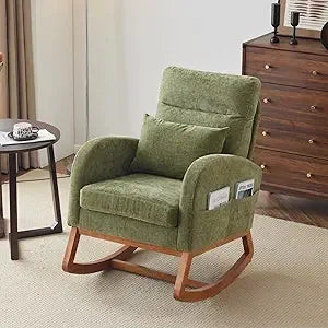 Upholstered Rocking Chair/Glider with Thick Headrest, Curved Armrest and Side Pockets. Two Styles and Various Colors.