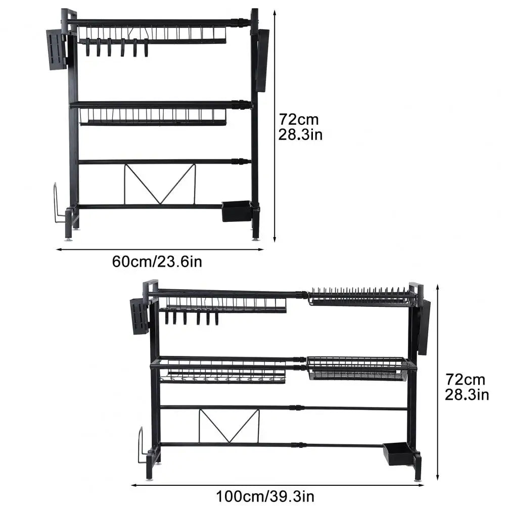 Adjustable Over Sink Double Layer Storage and Dish Drying Rack With Drain Frame.