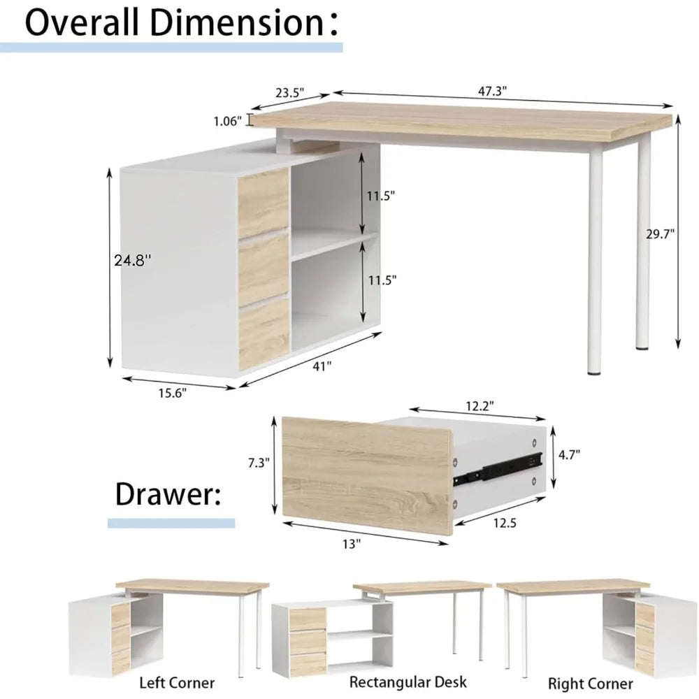 Small Space 47" L-Shaped Computer Desk with File Drawers & Storage Shelves.