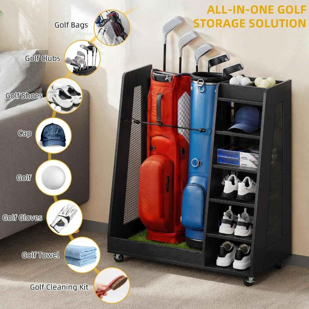Golf Bag and Equipment Rack for 2-3 Bags.