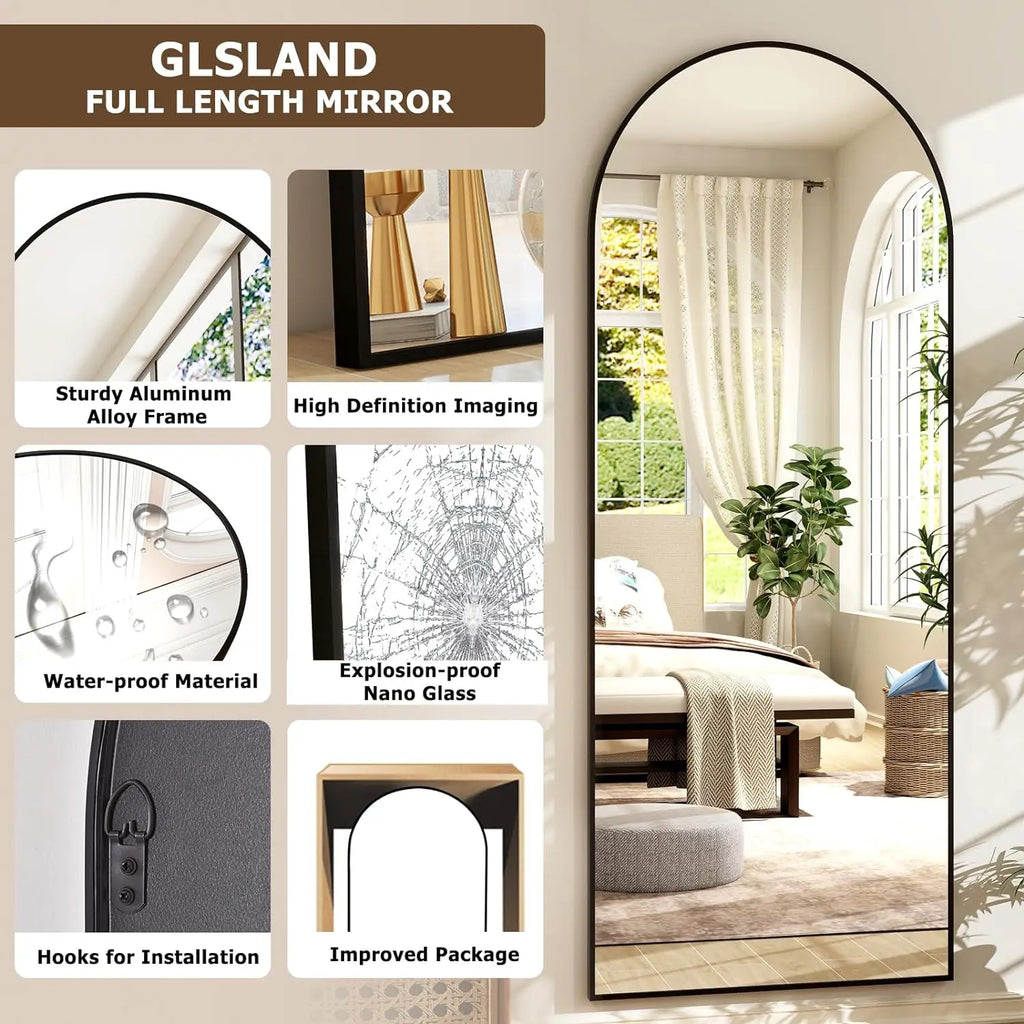 21x64 inch Arched Full Length Aluminum Alloy Mirror in Black or Gold.