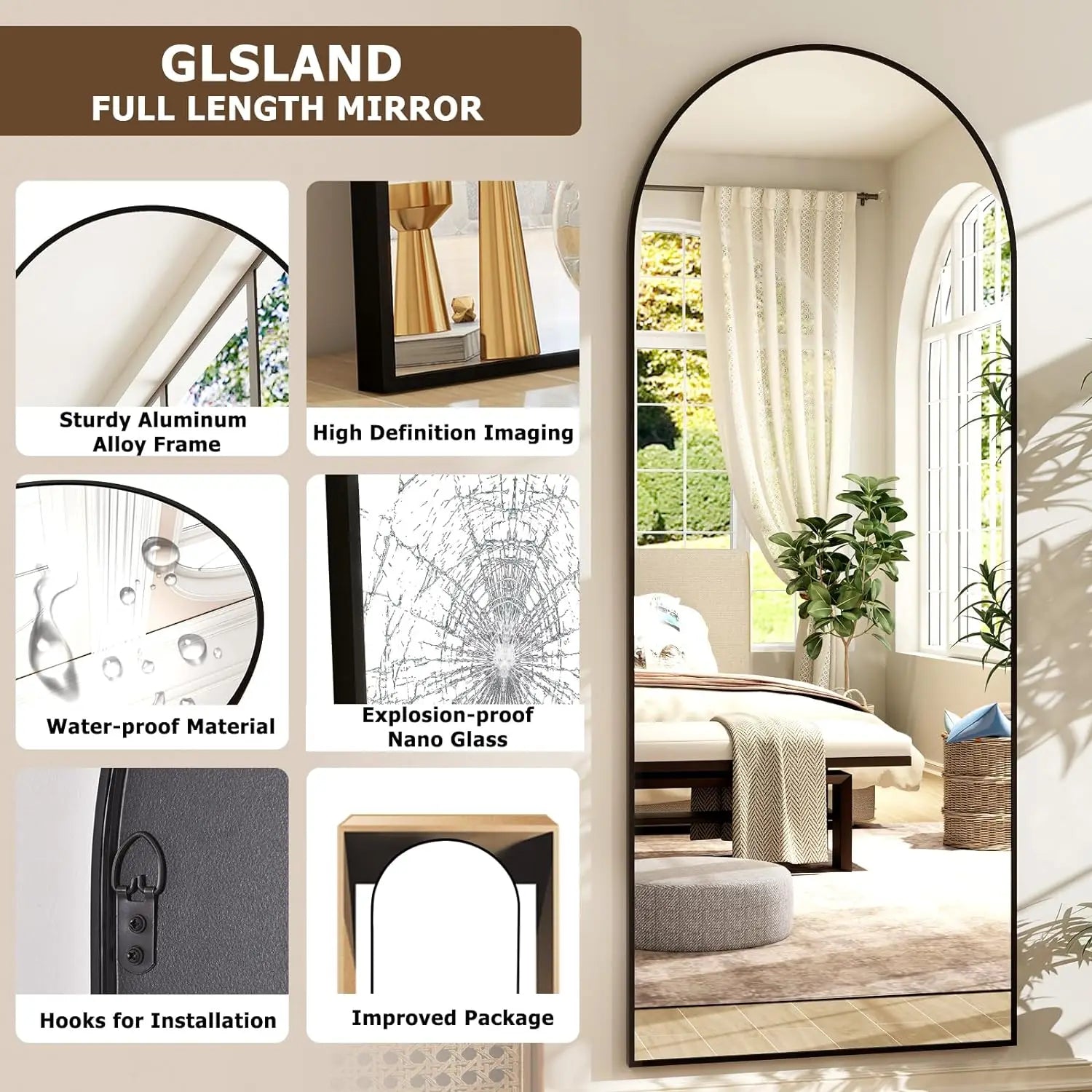 21x64 inch Arched Full Length Aluminum Alloy Mirror in Black or Gold.