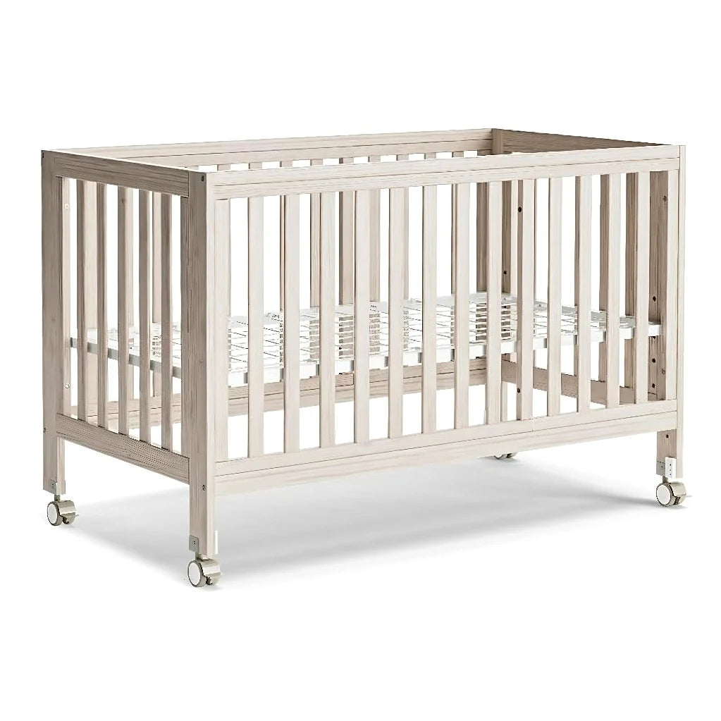 11-in-1 Convertible Baby Crib With Removable Wheels, Washed Natural New Zealand Pinewood Finish, and 4 Mattress Heights.