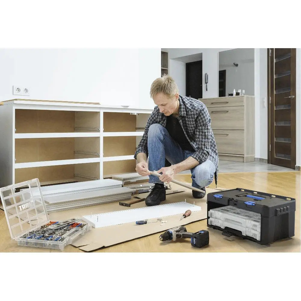 Modular Garage Organizer Container Set with Clear Plastic Dividers.