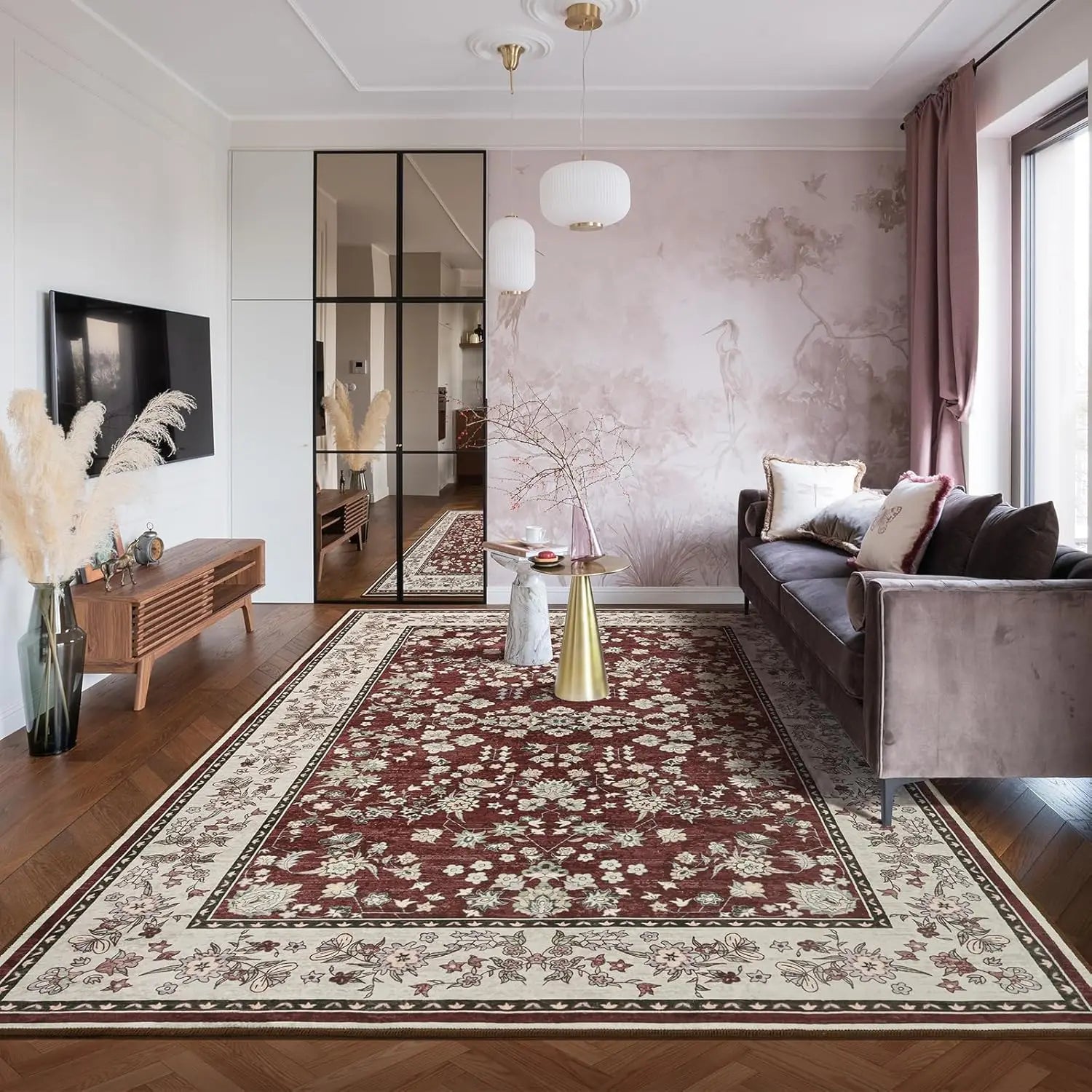 Washable Area Rug for Living Room with Vintage Floral Print.
