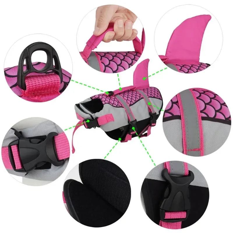 Shark Dog Life Jacket with Handle and Enhanced Buoyancy for Swimming;; May be used for Halloween Costume for Dog