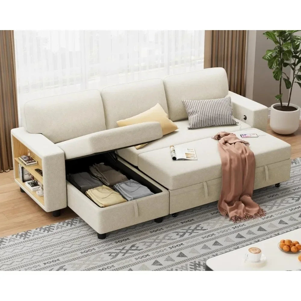 Sleeper Sofa with Built-in Large Storage and 2 Bookshelves and USB.