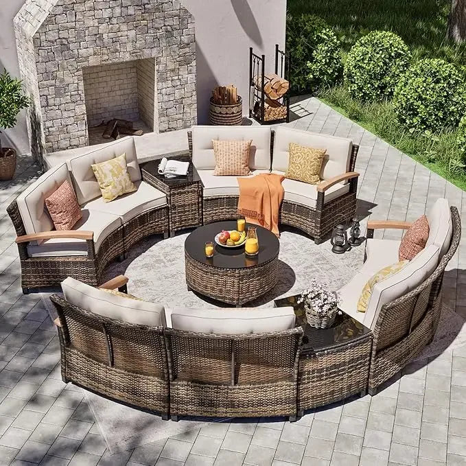 9 Piece Outdoor Patio Furniture Set, Half-Moon Curved Sectional Sofa Rattan Patio Conversation Set
