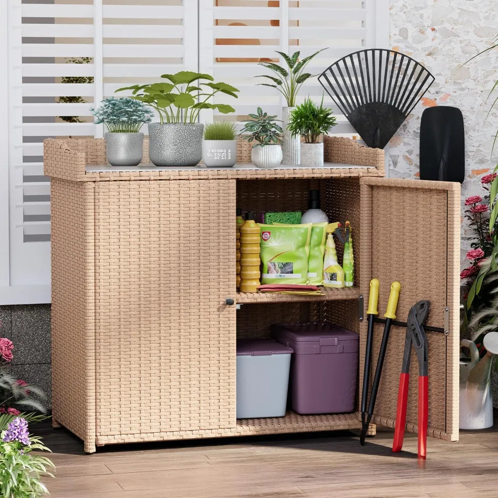 Large Rattan Outdoor Storage Cabinet with Waterproof Metal and Shelving.