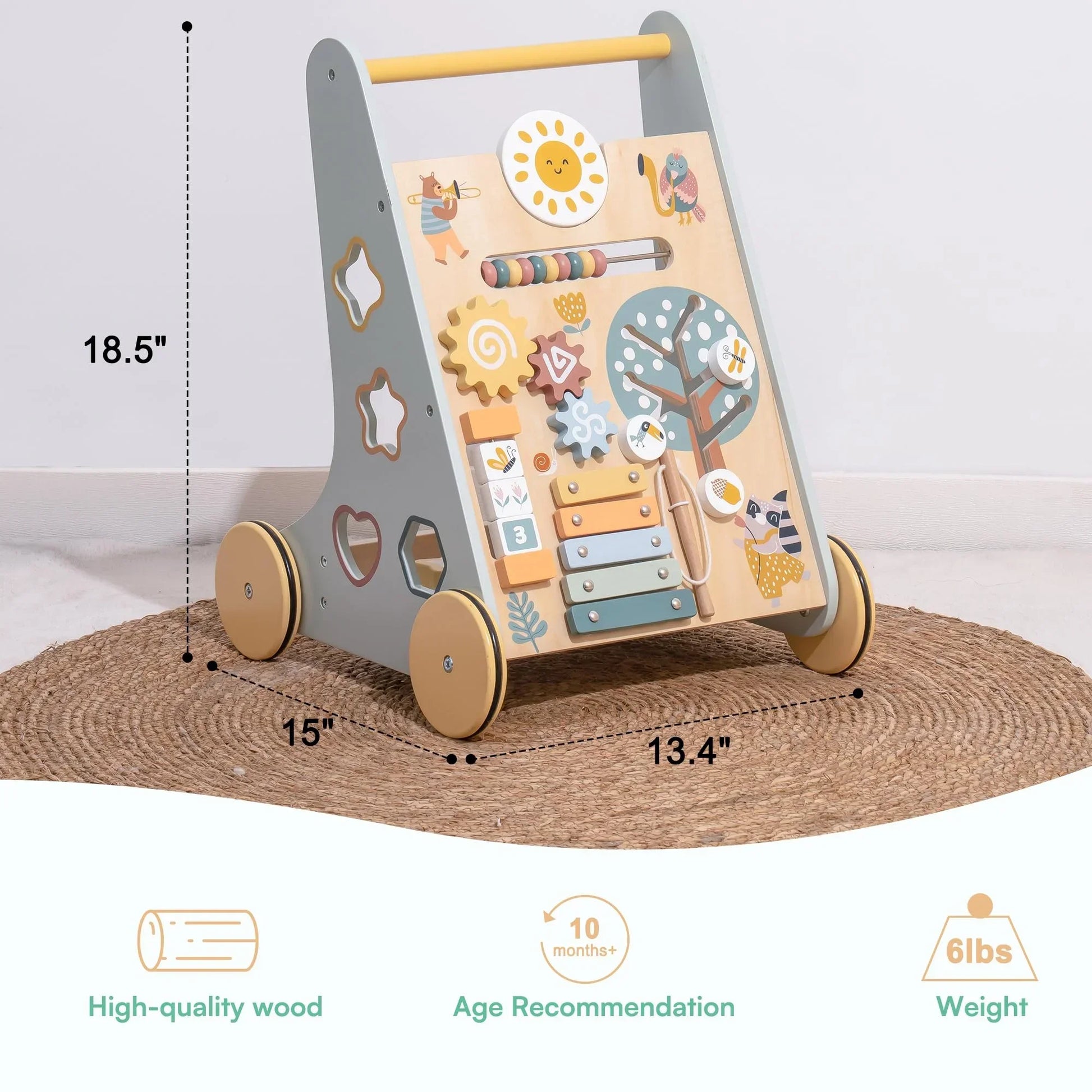 A Montessori Push Toy Baby Walker with Wooden Wheels.