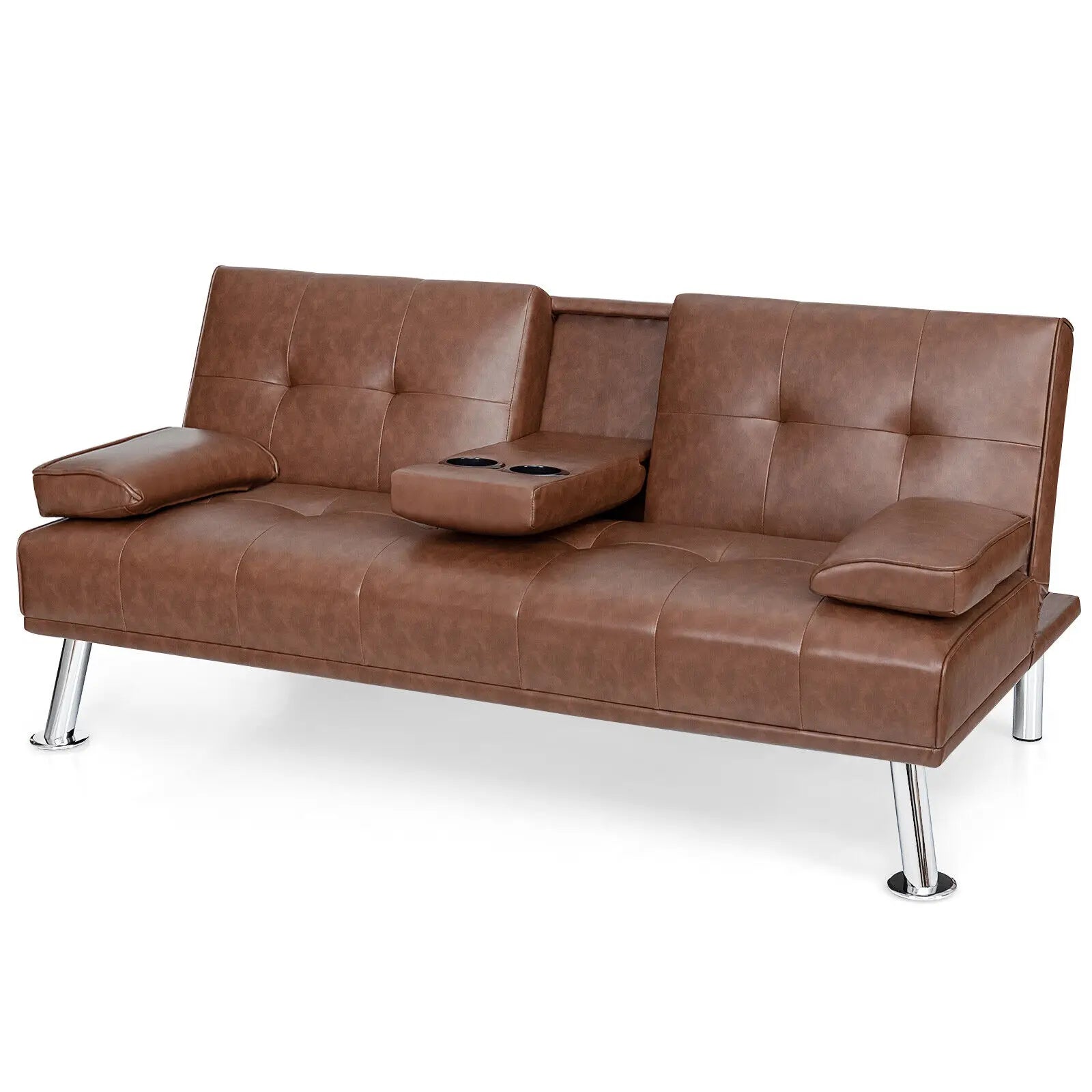 Convertible Folding Leather Futon Sofa Bed  w/ 2 Hidden Cup Holders.