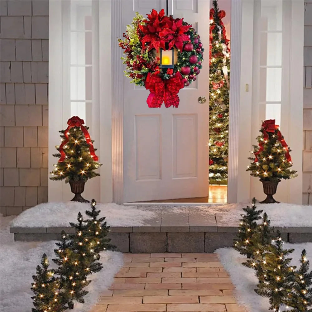 Christmas Wreath With Lamp (Battery Included) for Front Door, Wall, Window, Fireplace or Staircase Decoration.