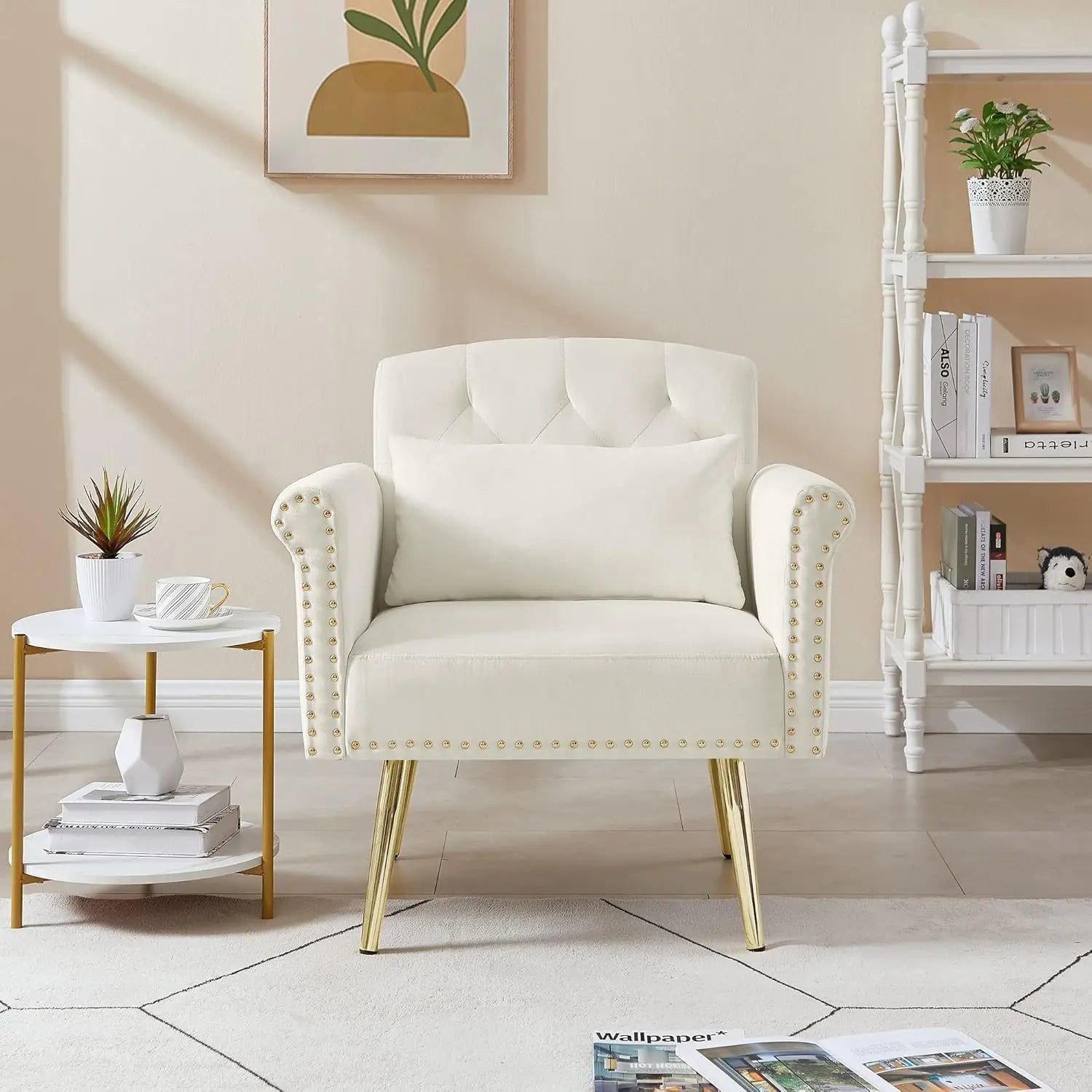 55-Inch Velvet Loveseat with Tufted Backrest, Side Pockets and Gold Metal Legs.  Also available in white or gray chair.