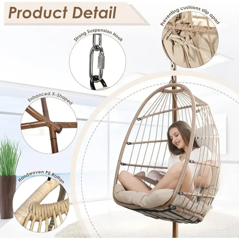 Outdoor Hanging Egg Chair with Stand and Water Resistant Cushions.