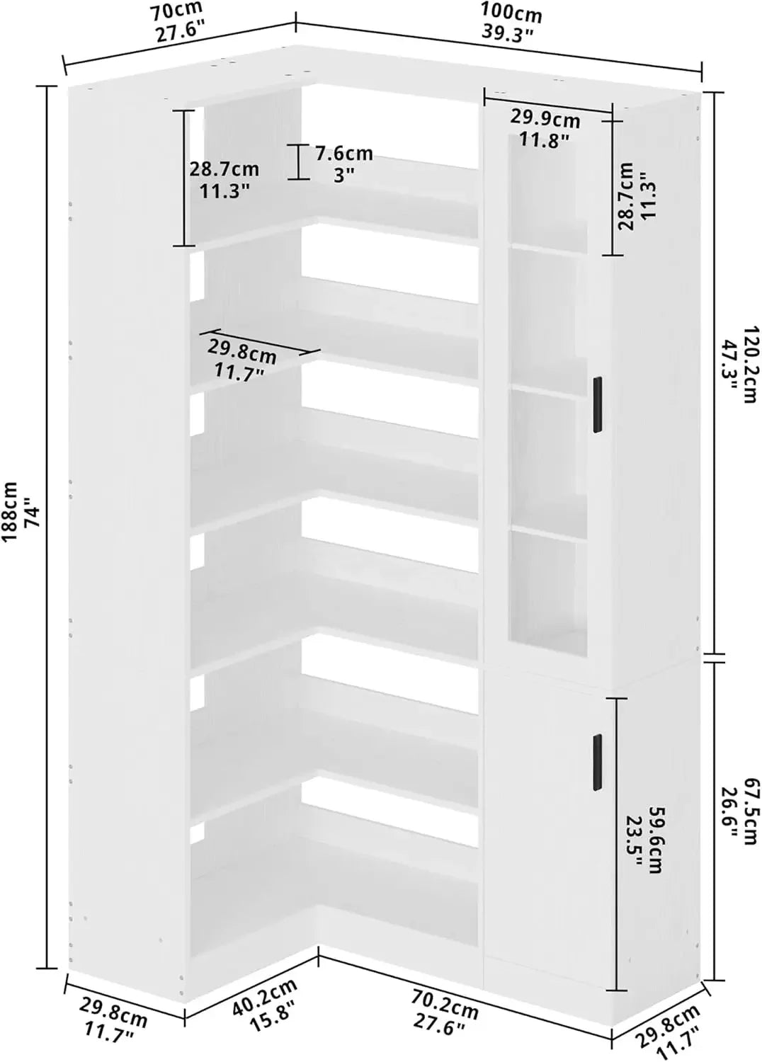 6-Shelf Corner Bookshelf with Doors and Storage,
