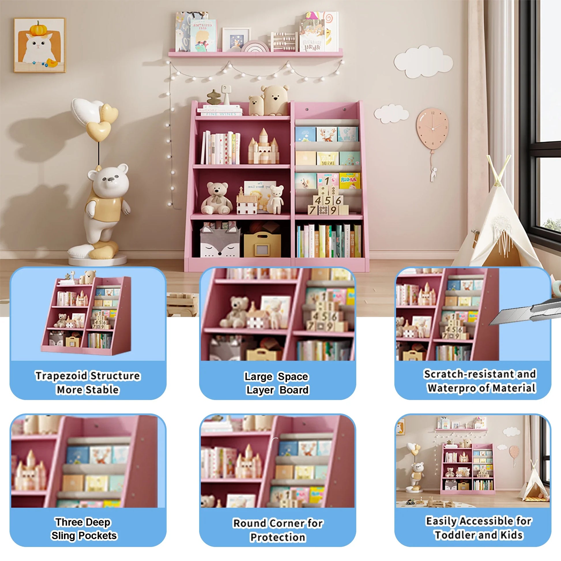 Pink Wooden Children's Toy Storage Cabinet/Bookcase with Adjustable Shelves.