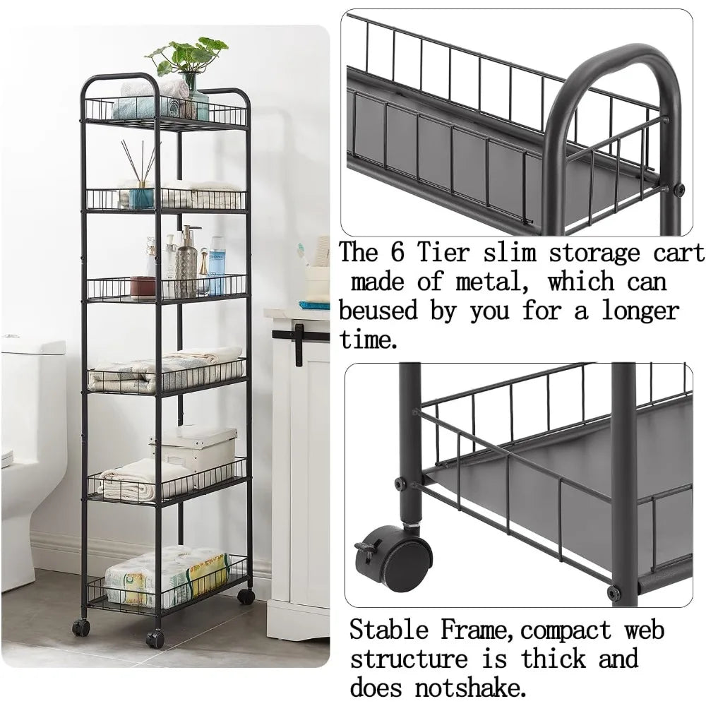 6-Tier Slim Metal Wire Rolling Cart with Handle: