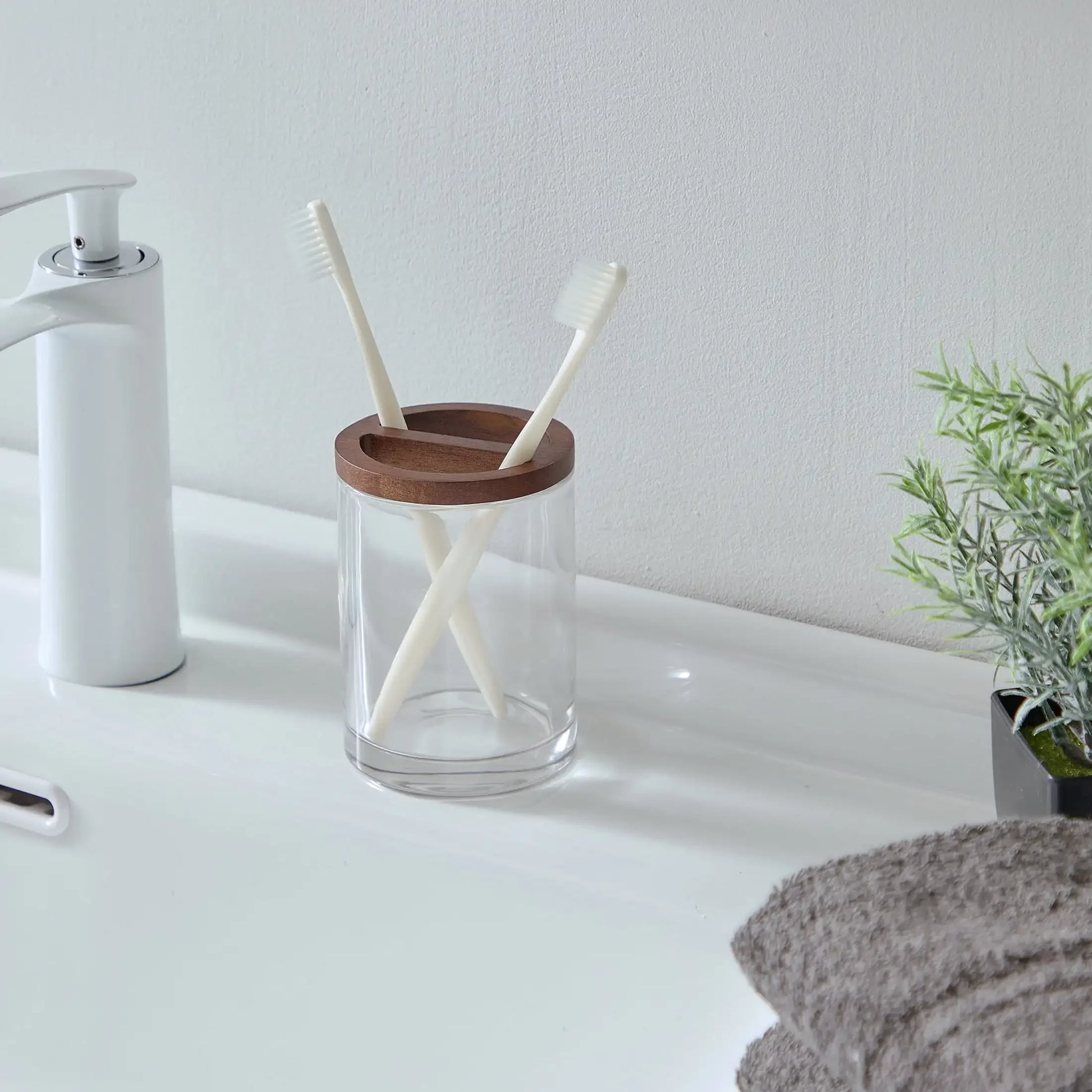 Acacia Wood and Glass Toothbrush Holder