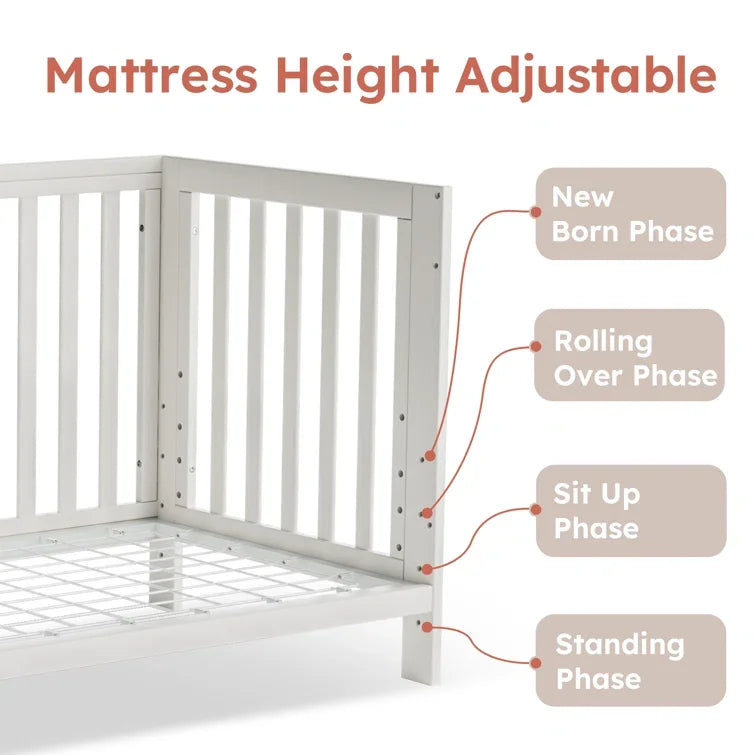 11-In-1 Adjustable Height Convertible Mini Cradle to Full Size Crib with Removable Wheels. Color White,