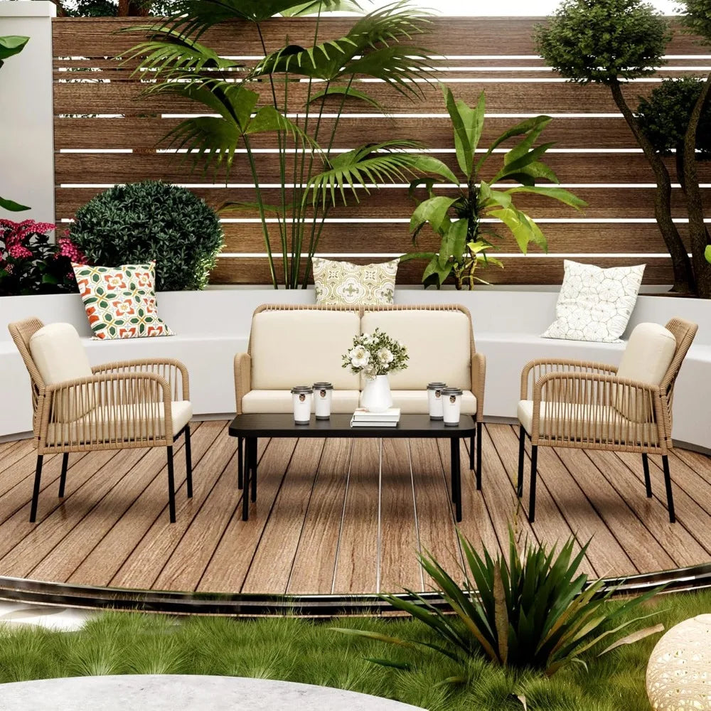 4 Pieces Outdoor All-Weather Rattan Patio Furniture Set with 2 Wicker Chairs. Loveseat & Table