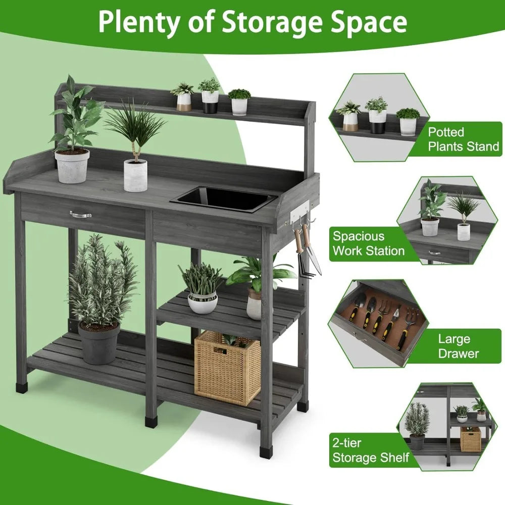 Solid Wood Potting Bench with Planting Shelf, Sink and Drawer.