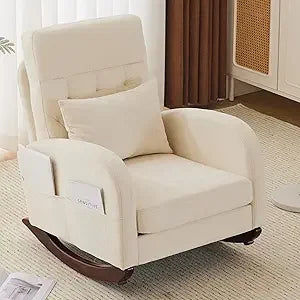 Upholstered Rocking Chair/Glider with Thick Headrest, Curved Armrest and Side Pockets. Two Styles and Various Colors.