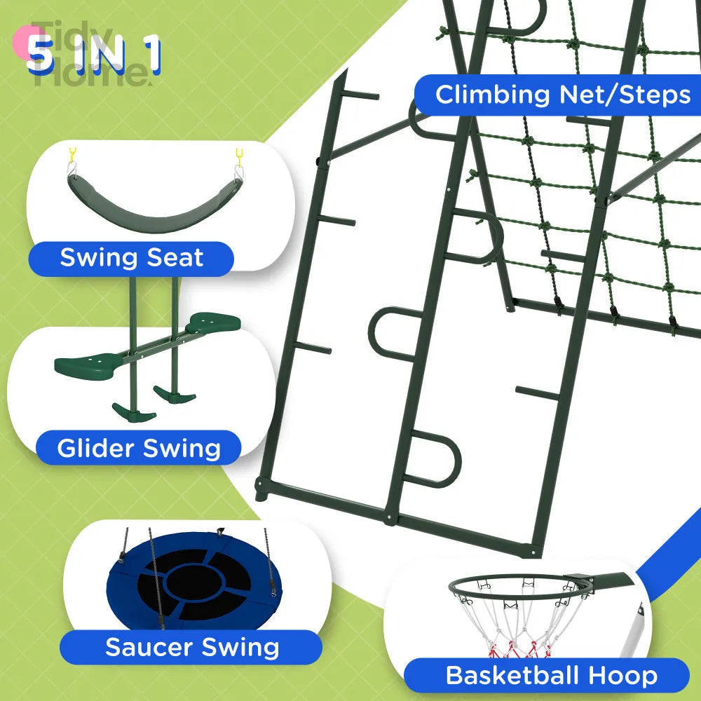 528 lb. capacity 5 in 1 Heavy Duty Swing Set with Saucer Swing and Slide.