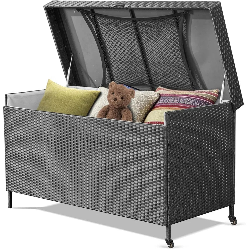 240 Gallon Wicker All-Weather Deck Box with 2 Universal Wheels & Hinged Opening