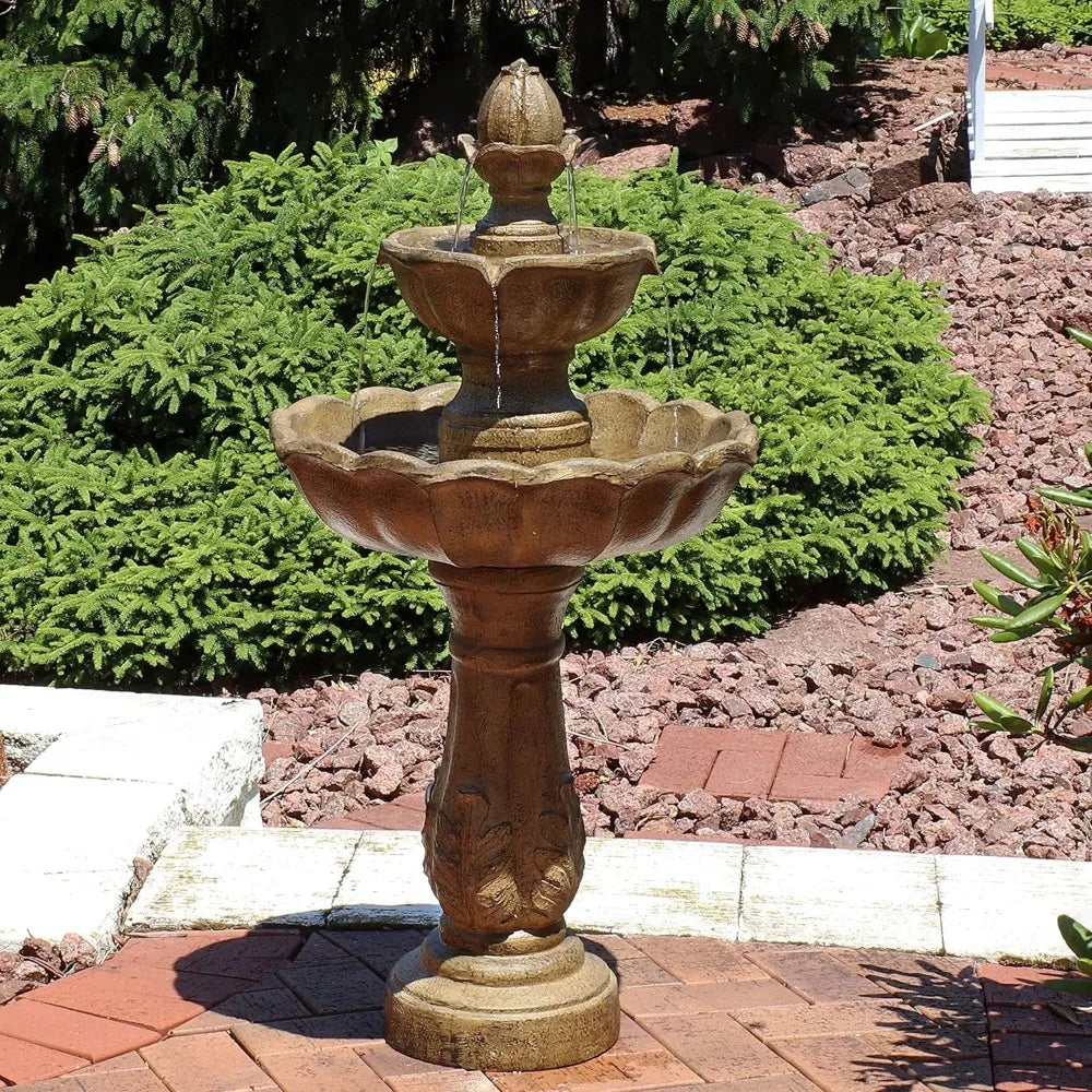 Blooming Flower 38-Inch 2-Tier Outdoor Water Fountain with Electric Submersible Pump.