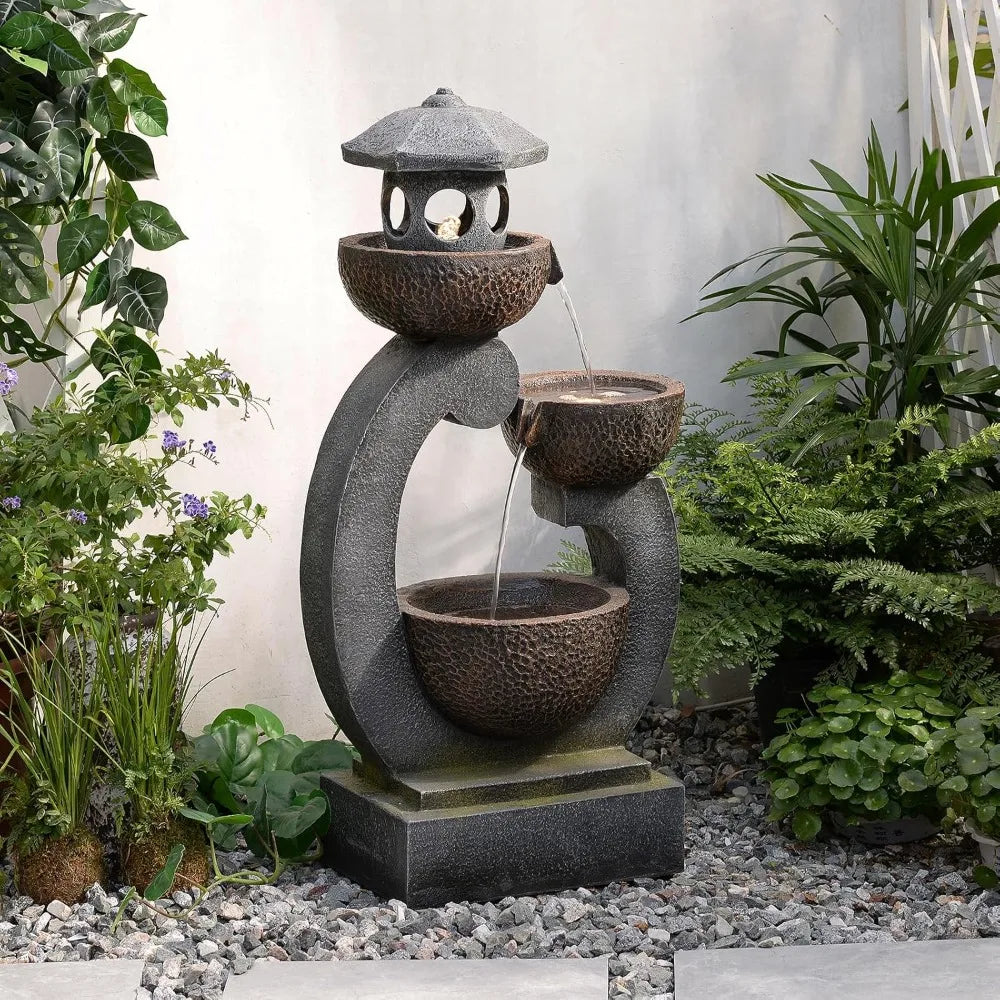 Outdoor Zen Feature - Garden Fengshui Freestanding Cascading Pagoda Waterfall with LED Lights & Pump.