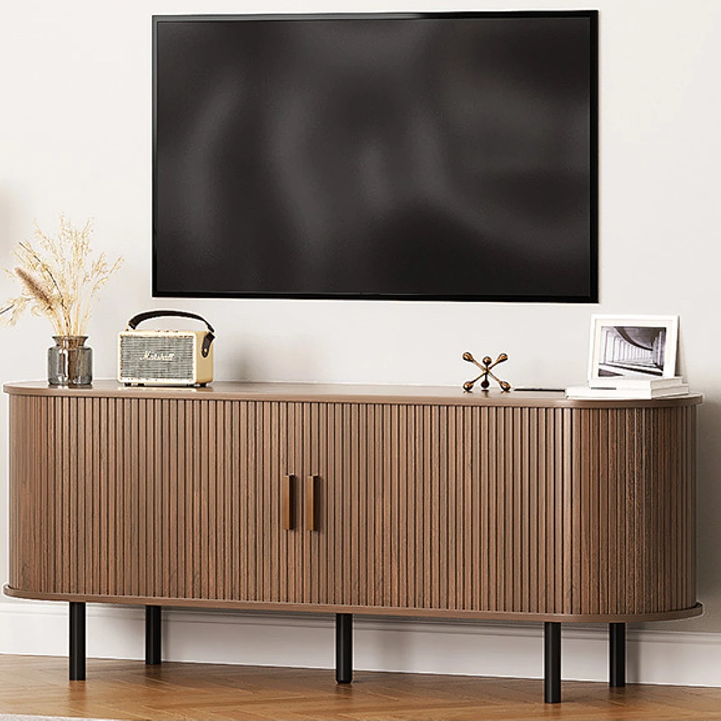 TV Stand with Power Outlet for TVs up to 60/70",  Sliding Door Storage Adjustable Shelves.