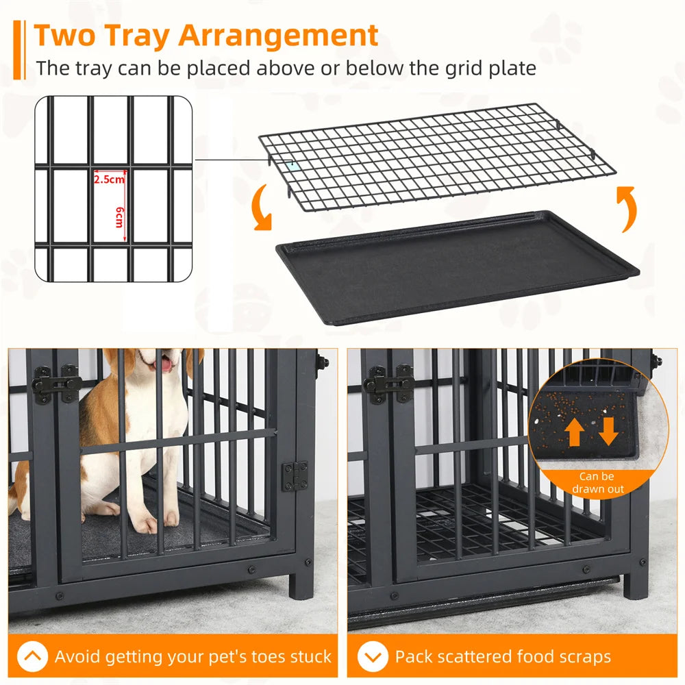Large Indoor Wooden Dog Crate with 3 Doors and a Removable Tray; Can Serve As End Table