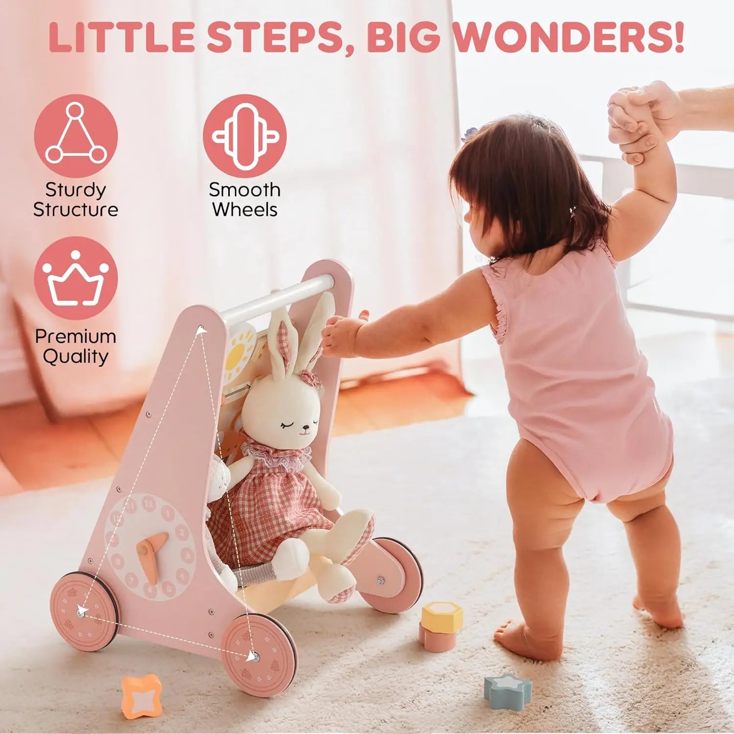 A Montessori Push Toy Baby Walker with Wooden Wheels.