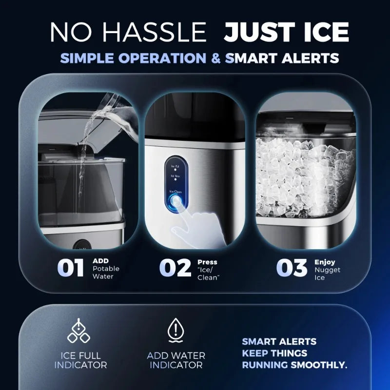 Portable Countertop Nugget Ice Maker with Self-Cleaning Function.