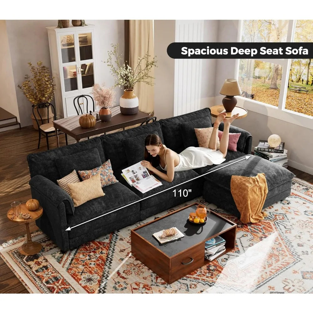 113" Modular Deep Seat Sectional Sofa with Movable Ottoman and Removable Covers in Various Colors.