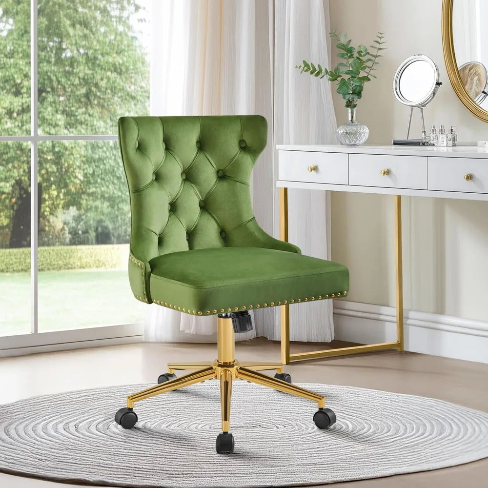 Adjustable Armless Velvet Desk or Vanity Chair with Back, Gold Base/Wheels and Rotating Seat,