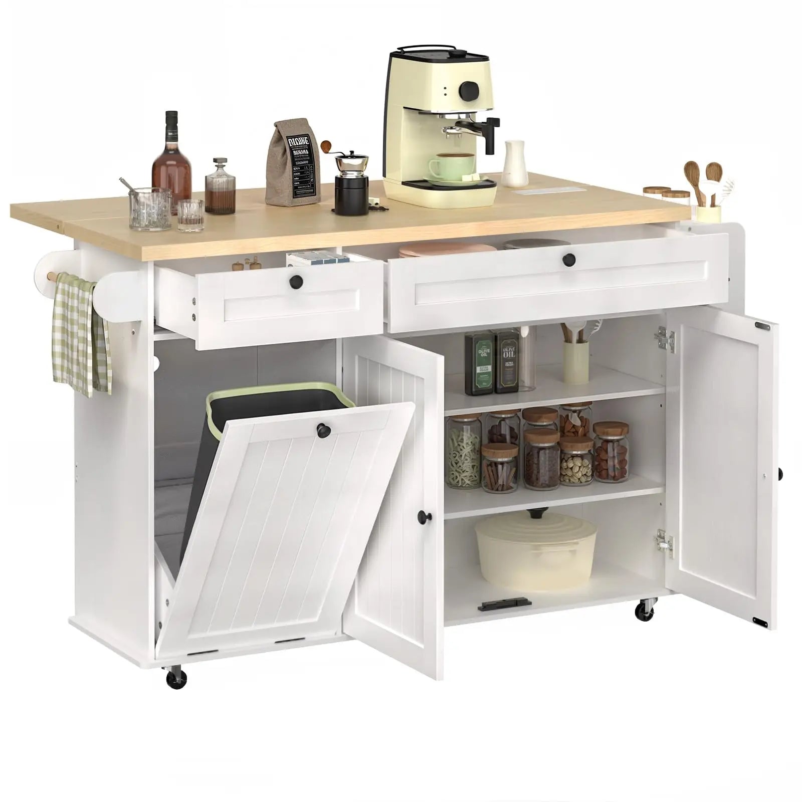 60" Rolling Kitchen Island with Drop Leaf, Power Outlet, Trash Bin and Towel Rack.