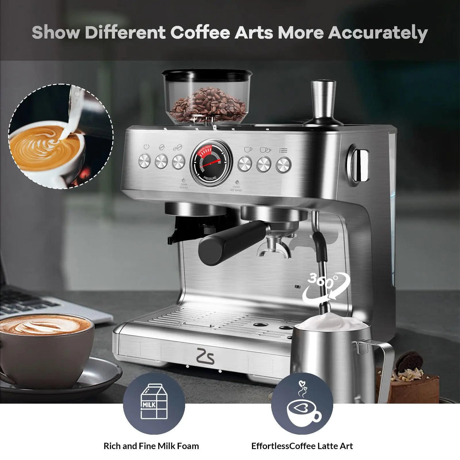 Espresso Stainless Steel Coffee Maker With Grinder and Milk Frother, 2.8L Water Tank.